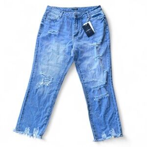 Washed Light Blue Distressed Boyfriend Jeans - Women's Relaxed Fit